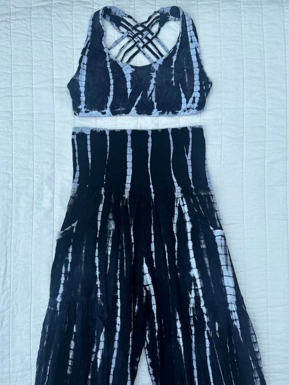 Black & White Tie Dye Matching Set | Bra Top + Wide Leg Pants | Rayon | Festival